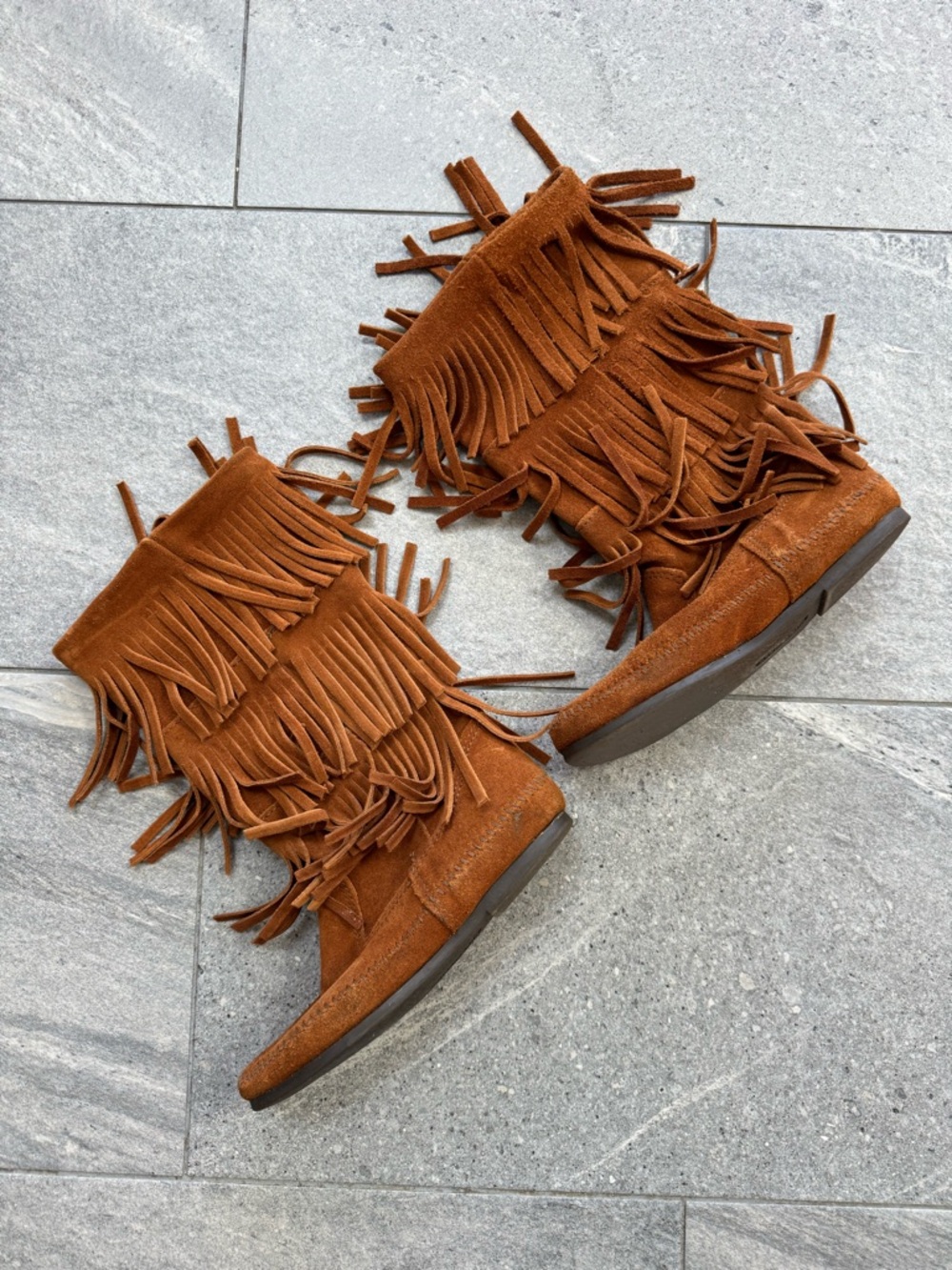 Minnetonka Women's Triple Fringe Suede Boots in Cognac Brown